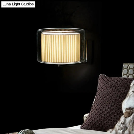 Modern Beige Drum Wall Lamp With Pleated Fabric Shade And Transparent Glass