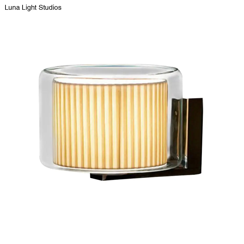 Modern Beige Drum Wall Lamp With Pleated Fabric Shade And Transparent Glass