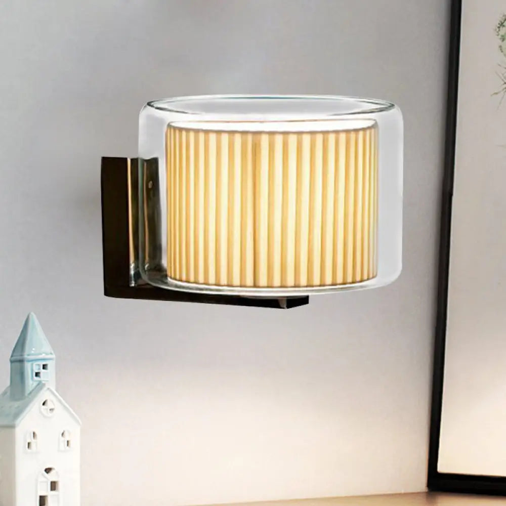 Modern Beige Drum Wall Lamp With Pleated Fabric Shade And Transparent Glass