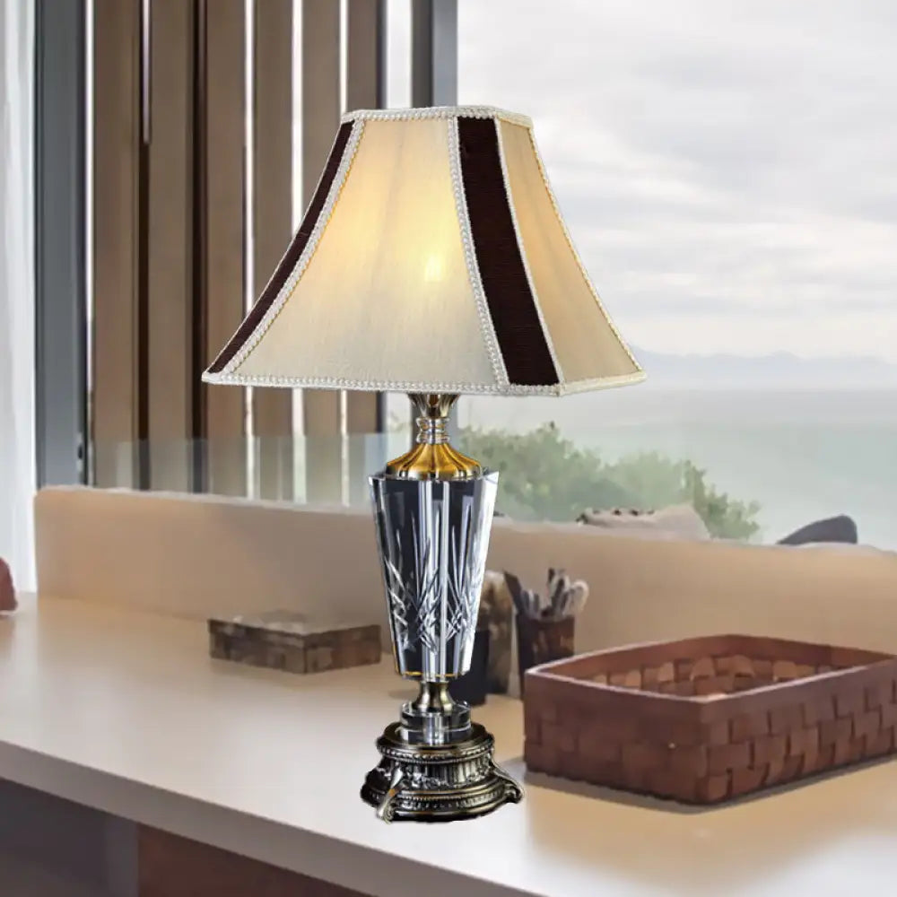 Modern Beige Fabric Bell Table Lamp With Sculpted Bronze Metallic Base