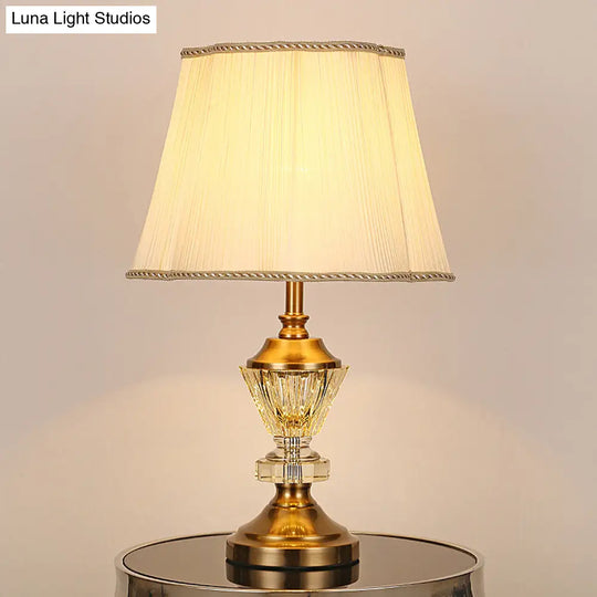 Modern Beige Flared Crystal Desk Light With Fabric Shade: 1-Bulb Night Table Lamp For Living Room