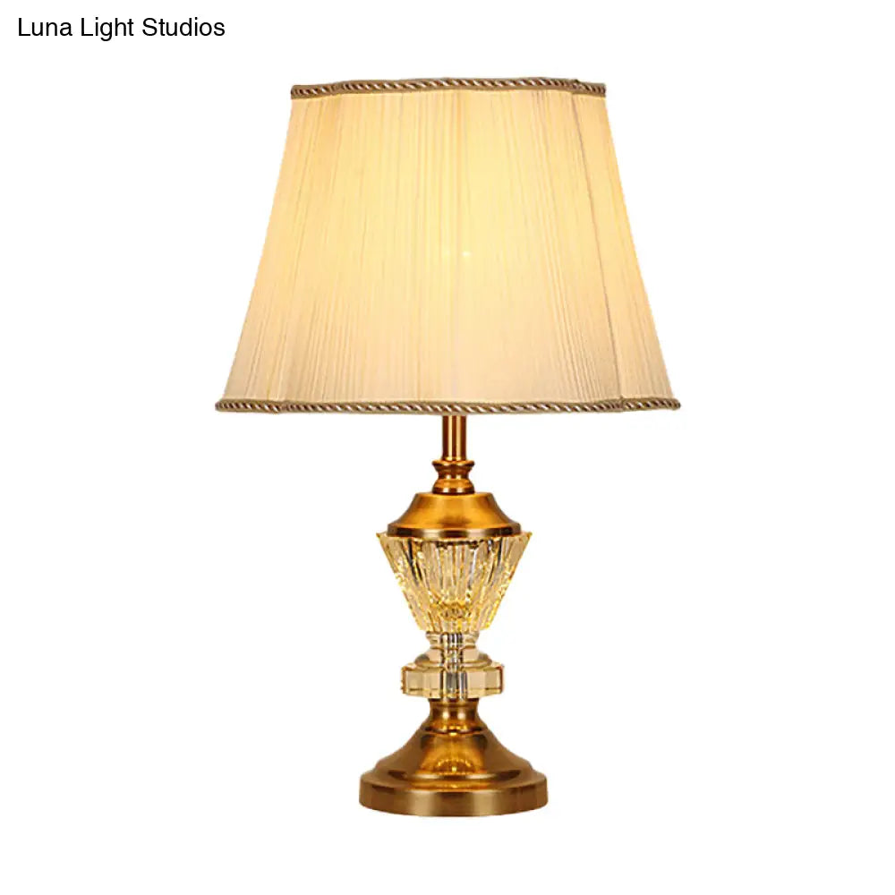 Modern Beige Flared Crystal Desk Light With Fabric Shade: 1-Bulb Night Table Lamp For Living Room