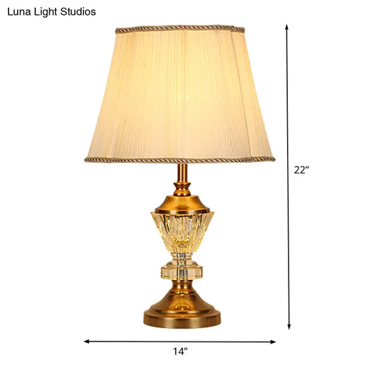 Modern Beige Flared Crystal Desk Light With Fabric Shade: 1-Bulb Night Table Lamp For Living Room