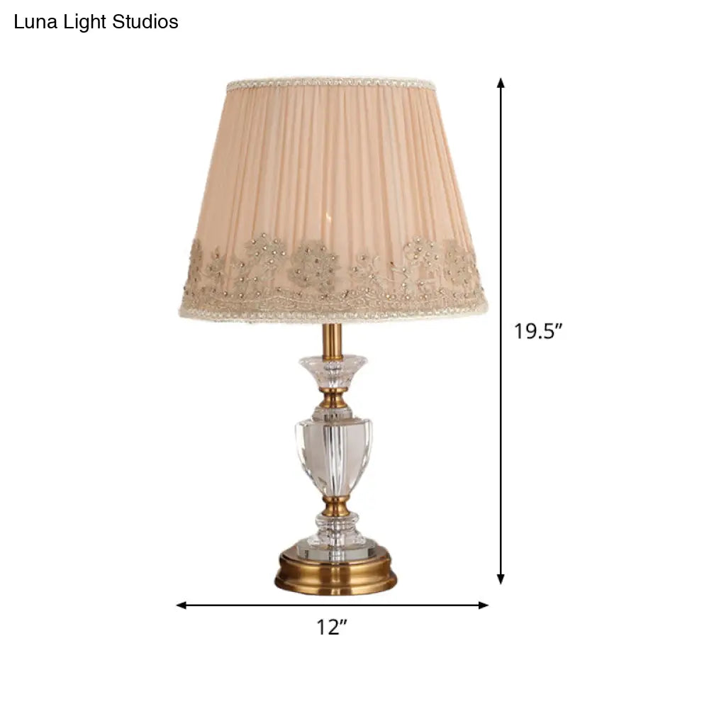 Modern Beige Flared Crystal Table Light- 1 Head Fabric Reading Lamp For Living Room