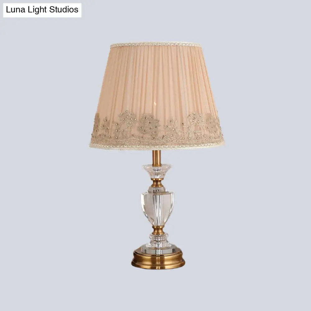 Modern Beige Flared Crystal Table Light- 1 Head Fabric Reading Lamp For Living Room