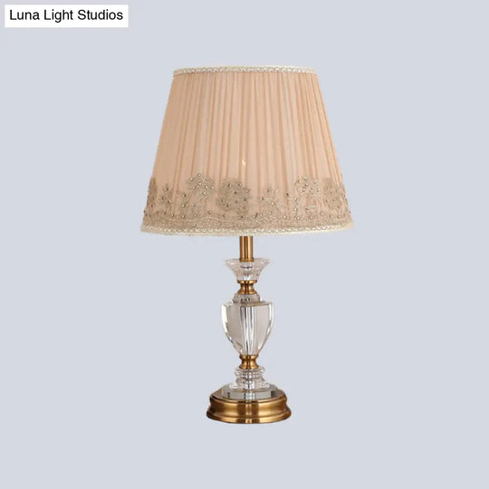 Modern Beige Flared Crystal Table Light- 1 Head Fabric Reading Lamp For Living Room