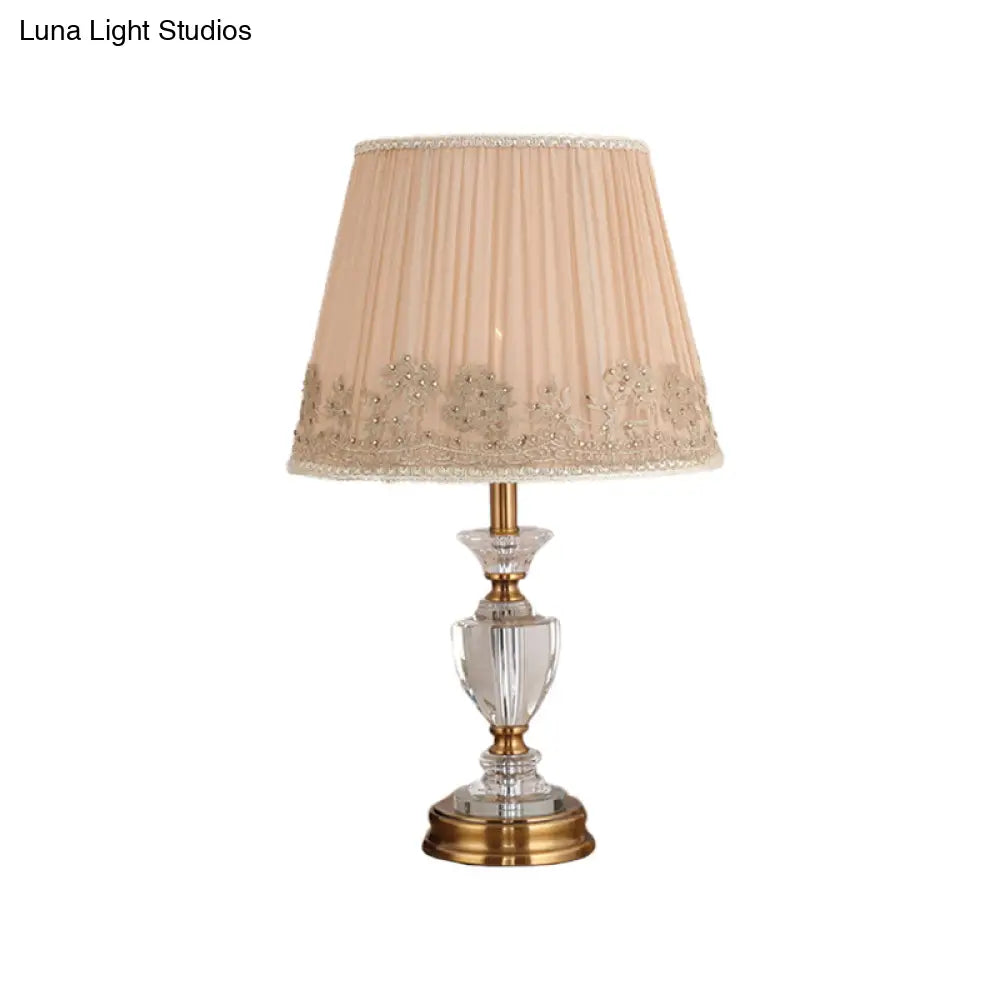 Modern Beige Flared Crystal Table Light- 1 Head Fabric Reading Lamp For Living Room