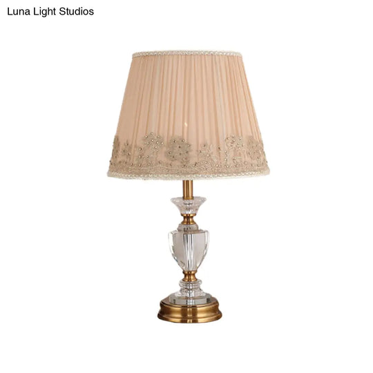 Modern Beige Flared Crystal Table Light- 1 Head Fabric Reading Lamp For Living Room