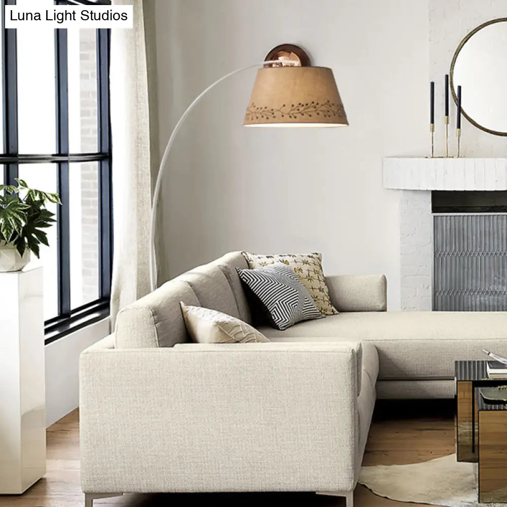 Modern Beige Floor Lamp With Arched Arm And Drum Shade - Ideal For Living Room Lighting