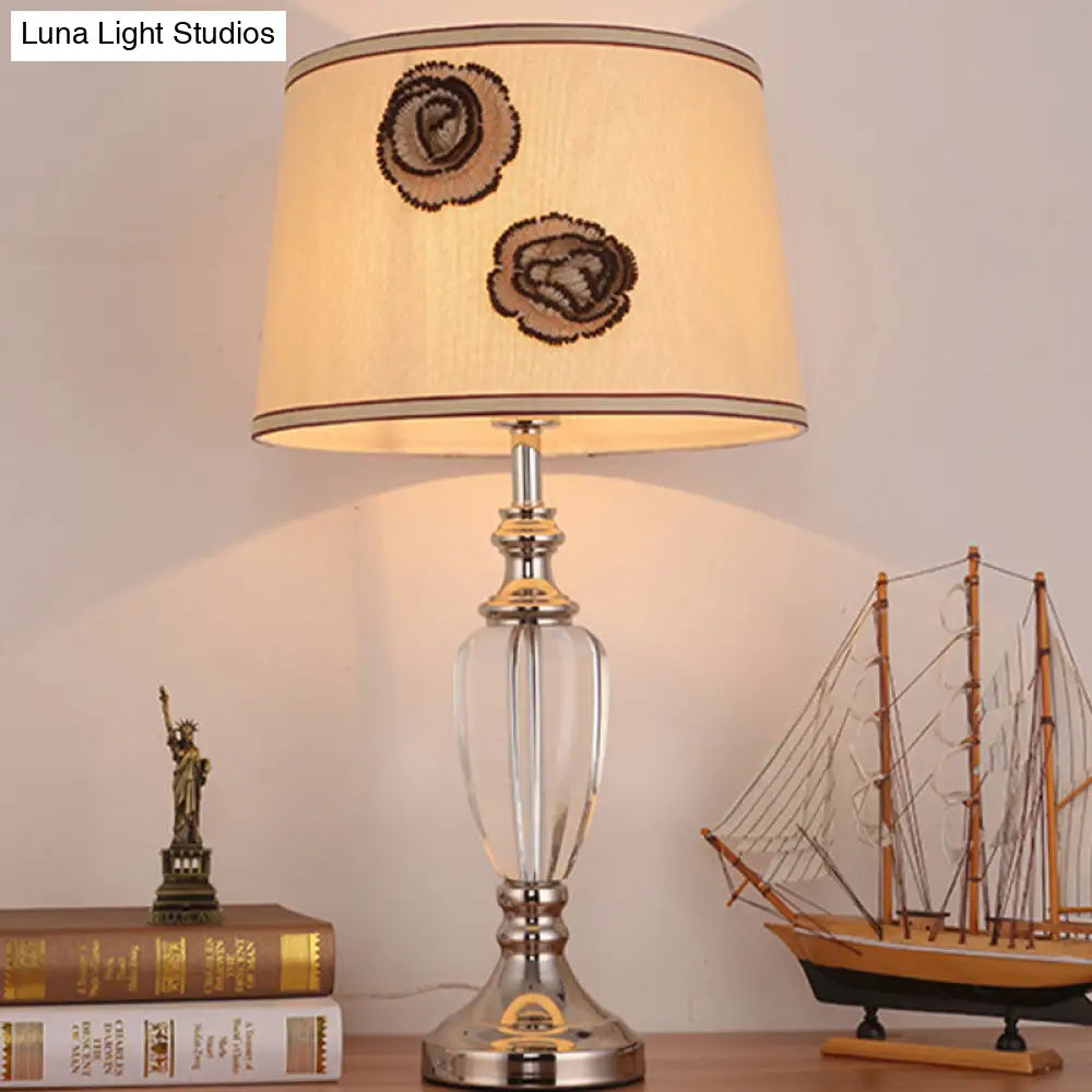 Modern Beige Night Table Lamp With Barrel Fabric Shade - 1 Head Bedroom Desk Light