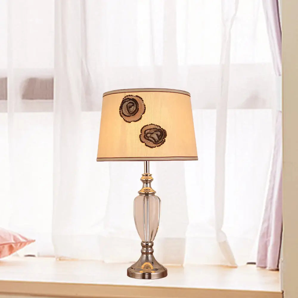 Modern Beige Night Table Lamp With Barrel Fabric Shade - 1 Head Bedroom Desk Light