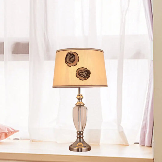 Modern Beige Night Table Lamp With Barrel Fabric Shade - 1 Head Bedroom Desk Light