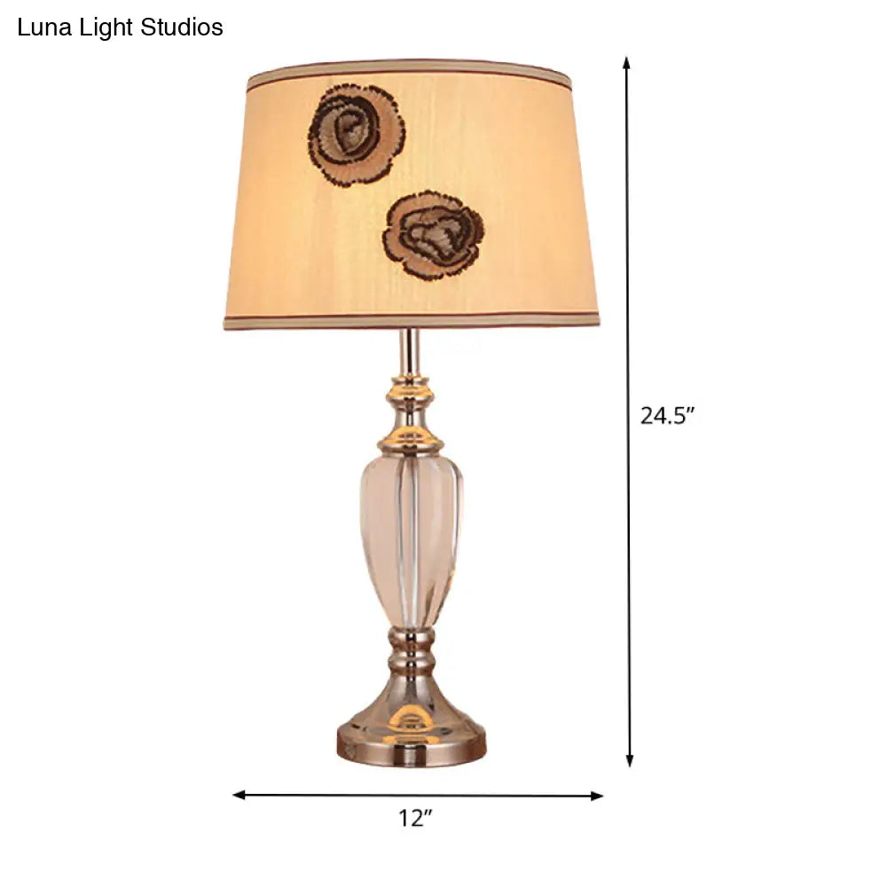 Modern Beige Night Table Lamp With Barrel Fabric Shade - 1 Head Bedroom Desk Light