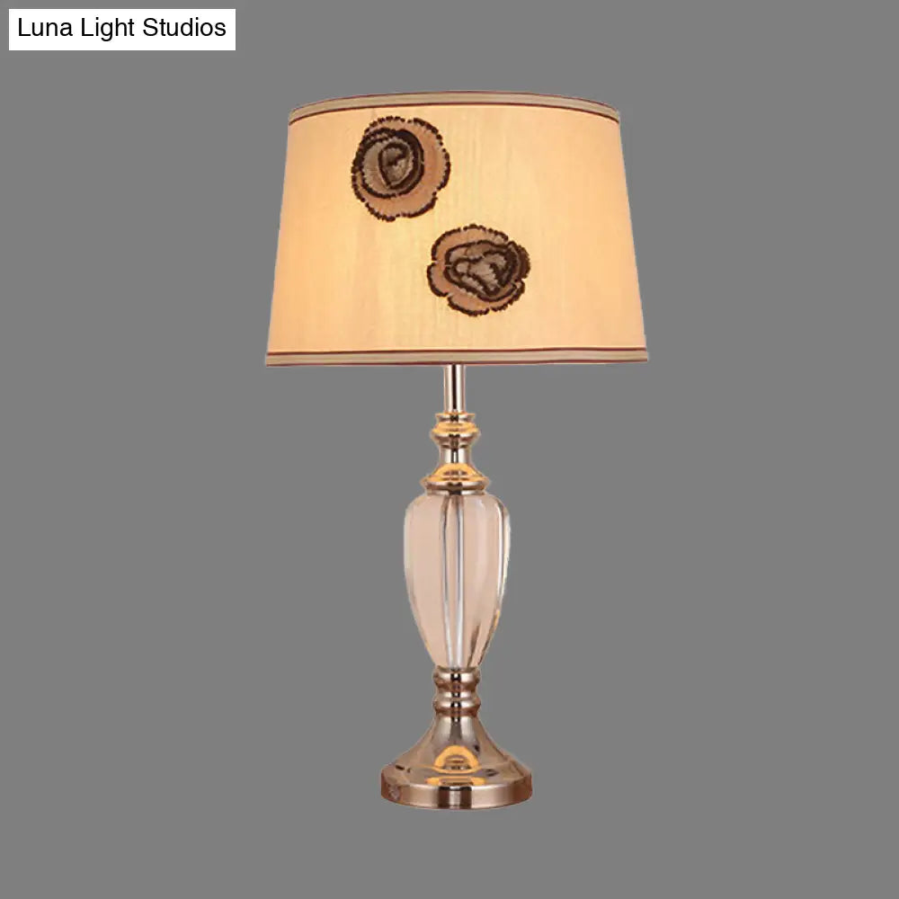 Modern Beige Night Table Lamp With Barrel Fabric Shade - 1 Head Bedroom Desk Light