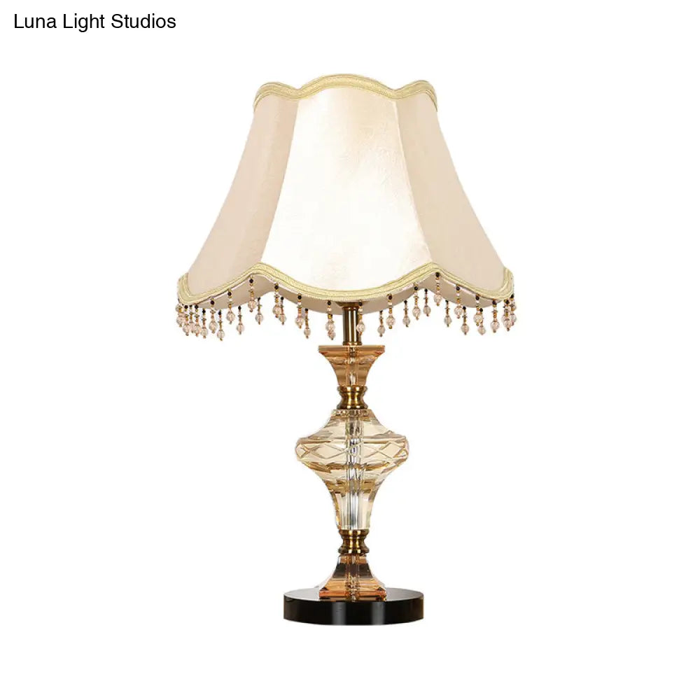 Modern Beige Paneled Bell Nightstand Lamp With Faceted Crystal And Vase-Shaped Base