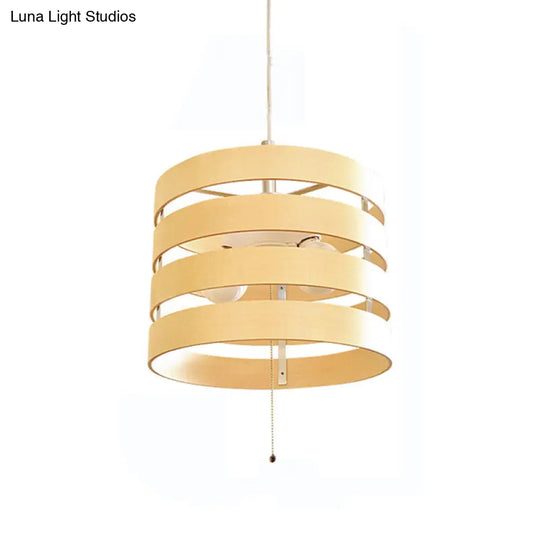 Modern Beige Pendant Chandelier With Pull Chain - Wood Cylinder Frame 2 Bulbs Included