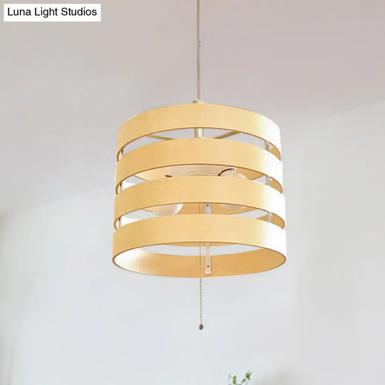 Modern Beige Pendant Chandelier With Pull Chain - Wood Cylinder Frame 2 Bulbs Included