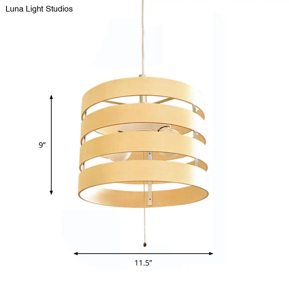 Modern Beige Pendant Chandelier With Pull Chain - Wood Cylinder Frame 2 Bulbs Included