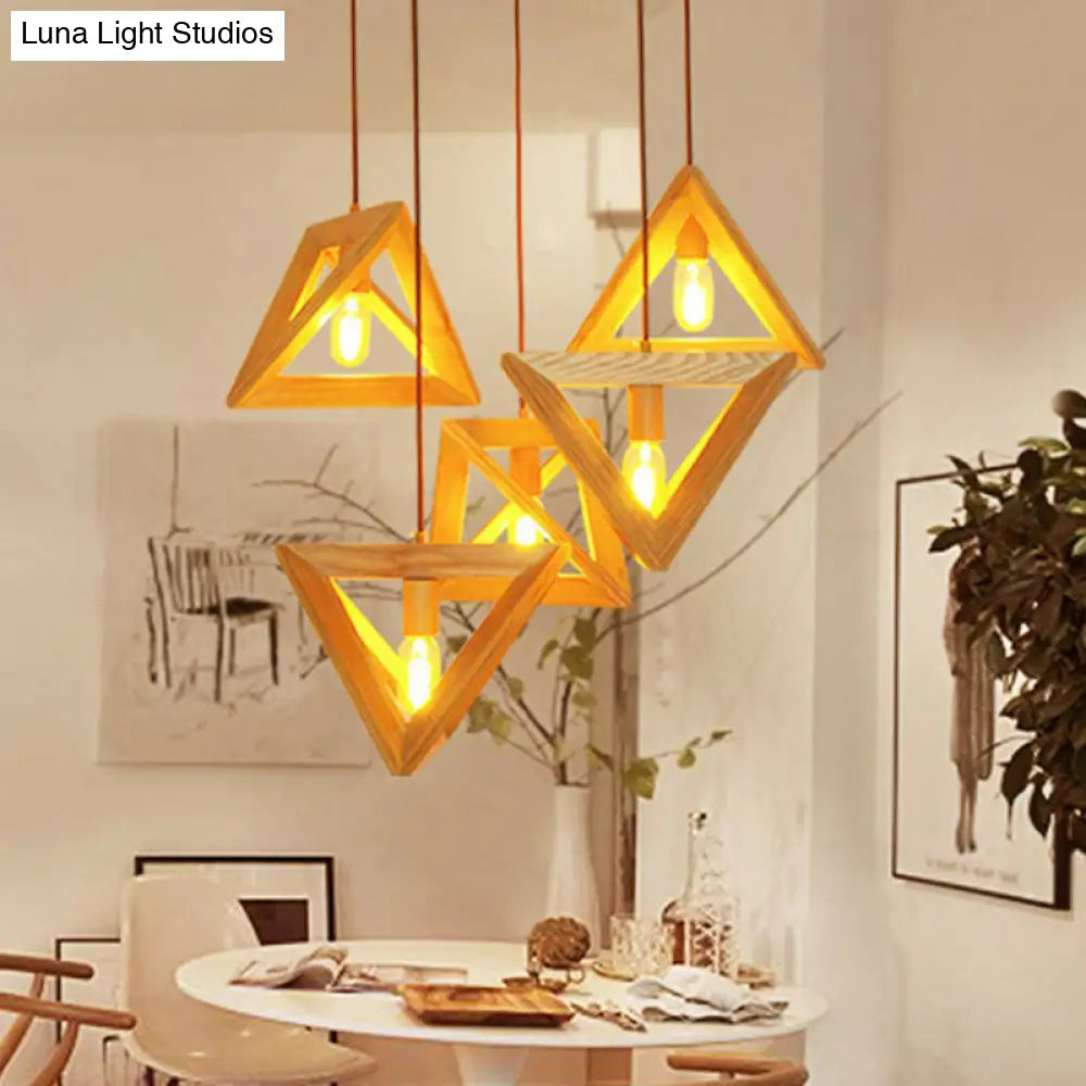 Modern Beige Pendant Lamp With Triangular Wooden Frame - 1-Head Dining Room Ceiling Hang Light Wood