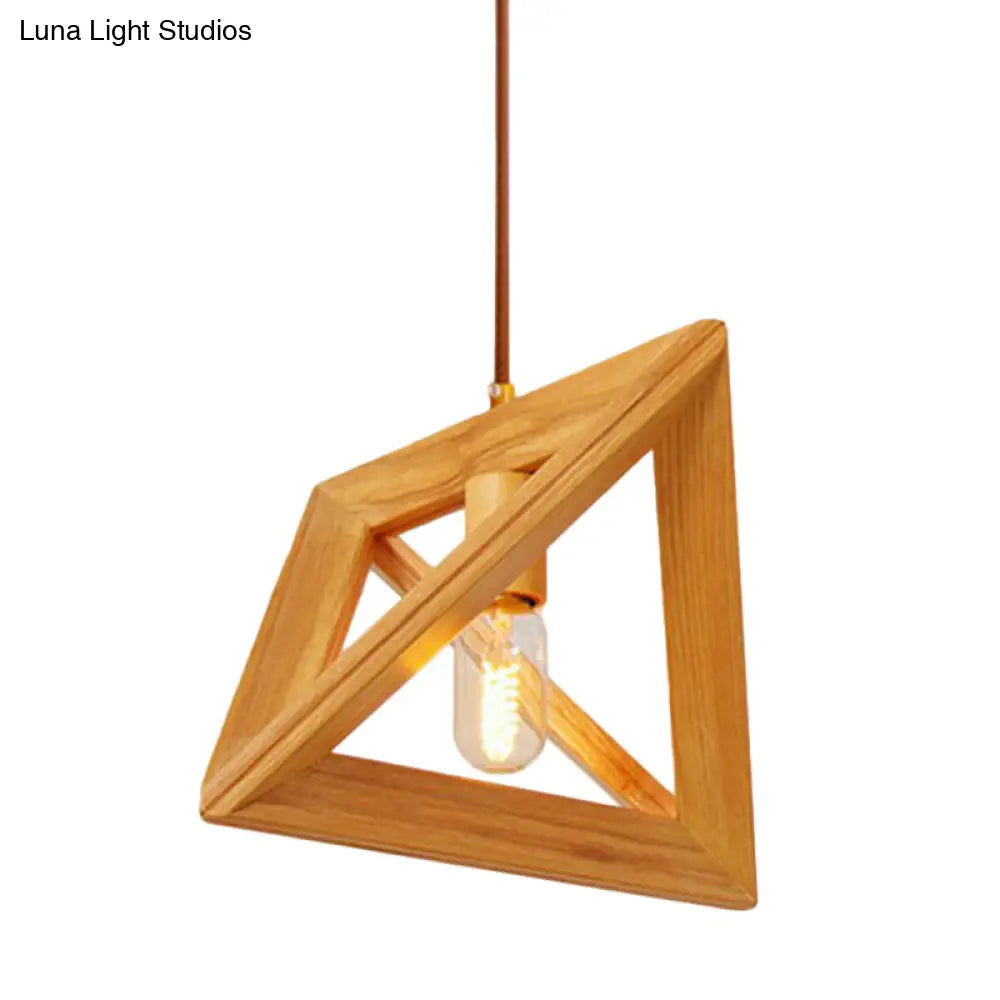 Modern Beige Pendant Lamp With Triangular Wooden Frame - 1-Head Dining Room Ceiling Hang Light