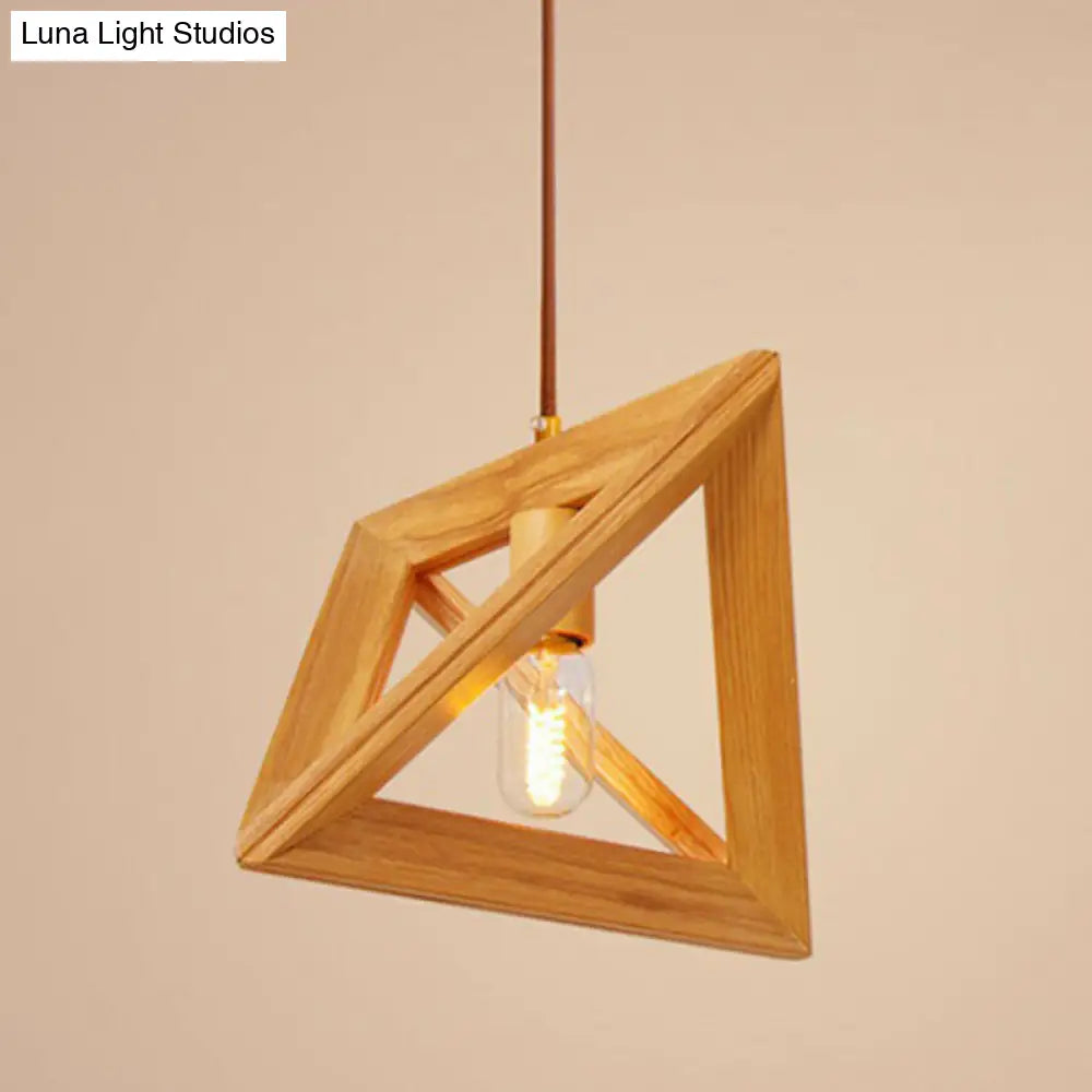 Modern Beige Pendant Lamp With Triangular Wooden Frame - 1-Head Dining Room Ceiling Hang Light