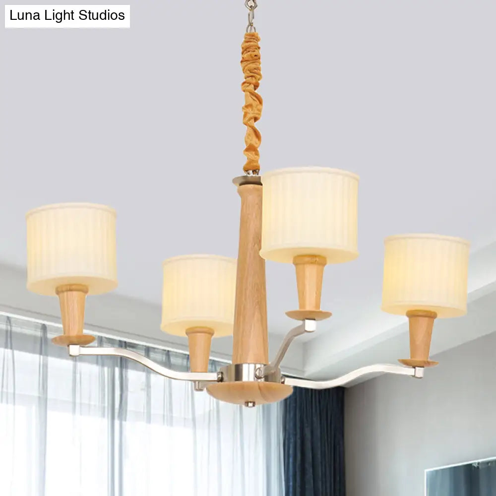 Modern Beige Radial Ceiling Chandelier - 4-Head Wood Hanging Fixture With Cream Glass Shade