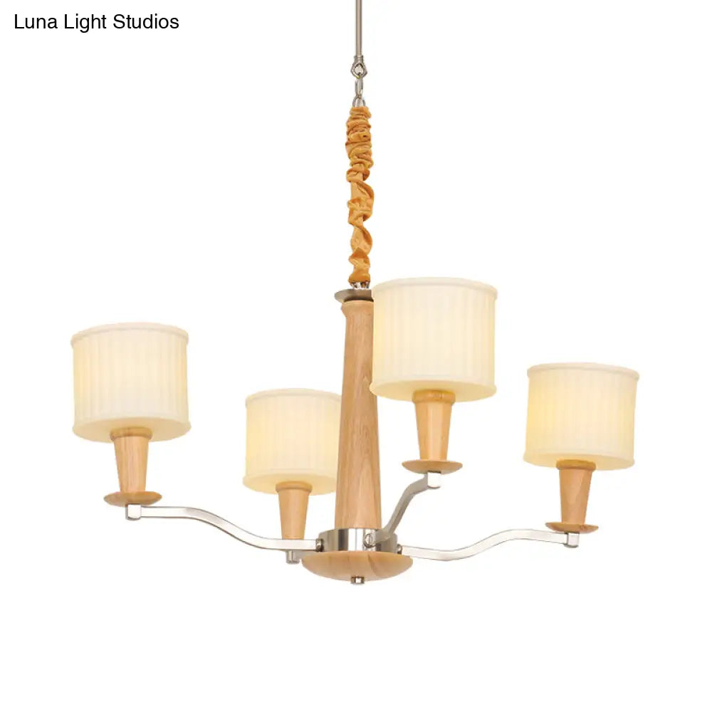 Modern Beige Radial Chandelier With Cream Glass Drum Shade And 4 Wooden Heads
