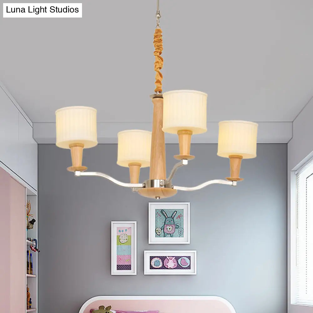 Modern Beige Radial Chandelier With Cream Glass Drum Shade And 4 Wooden Heads