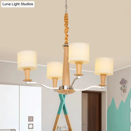 Modern Beige Radial Chandelier With Cream Glass Drum Shade And 4 Wooden Heads