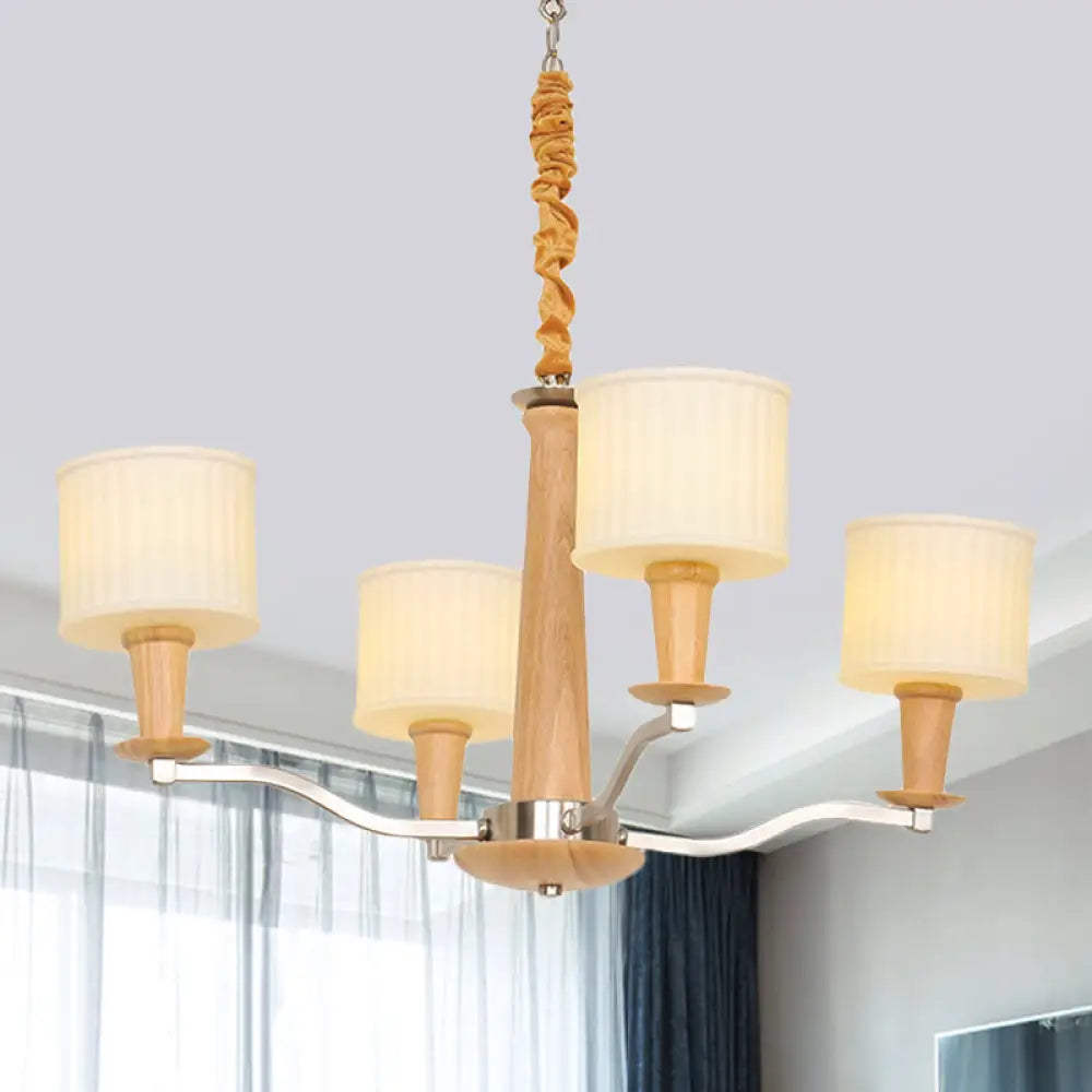 Modern Beige Radial Chandelier With Cream Glass Drum Shade And 4 Wooden Heads Wood