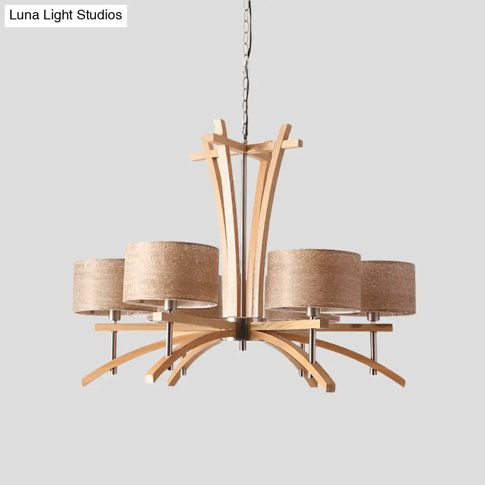 Modernist Wood Pendant Chandelier - Beige Radial Ceiling Light With 3/6 Suspended Lights And Shade