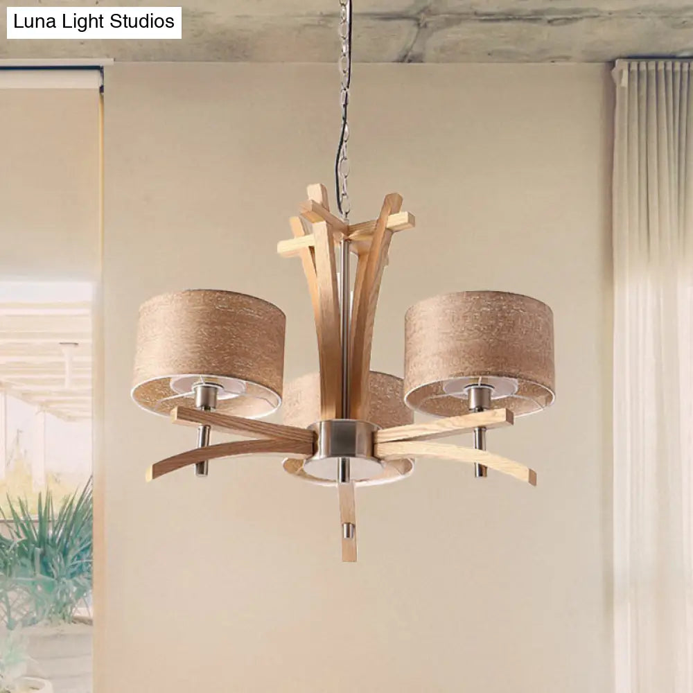 Modernist Wood Pendant Chandelier - Beige Radial Ceiling Light With 3/6 Suspended Lights And Shade 3