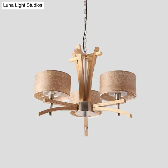 Modern Beige Radial Chandelier With Wood Suspended Shades - 3/6 Lights Pendant Lamp