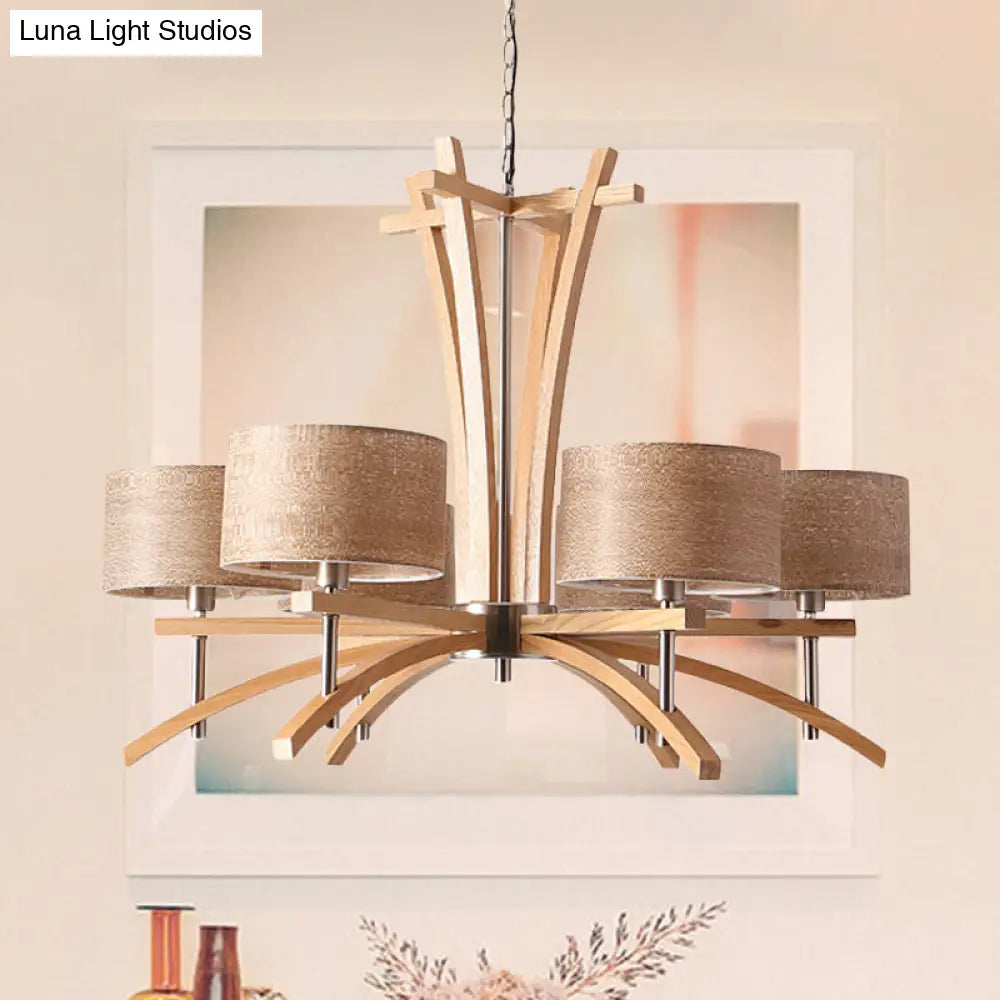 Modernist Wood Pendant Chandelier - Beige Radial Ceiling Light With 3/6 Suspended Lights And Shade 6