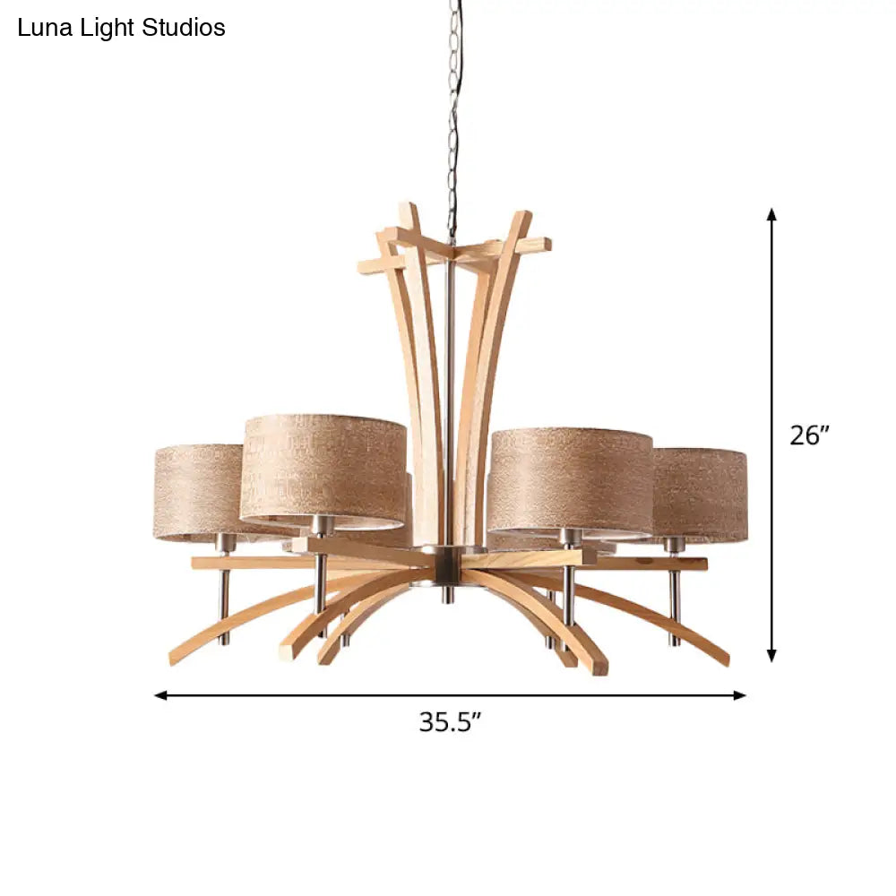 Modern Beige Radial Chandelier With Wood Suspended Shades - 3/6 Lights Pendant Lamp