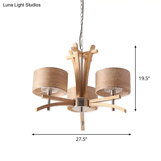 Modernist Wood Pendant Chandelier - Beige Radial Ceiling Light With 3/6 Suspended Lights And Shade