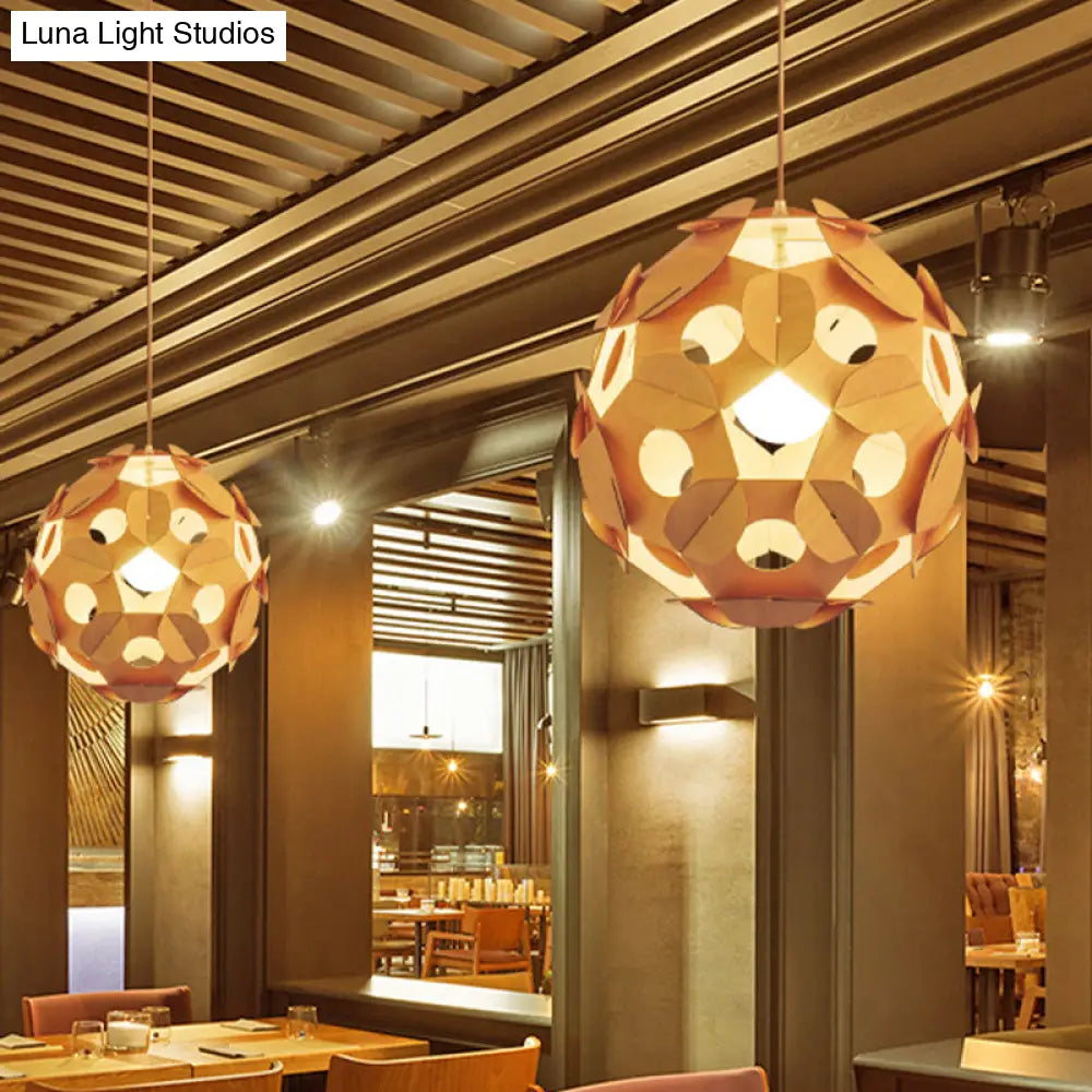 Modern Beige Restaurant Ceiling Lamp With Wooden Ball Shade - Hanging Light Fixture