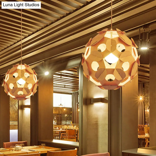 Modern Beige Restaurant Ceiling Lamp With Wooden Ball Shade - Hanging Light Fixture