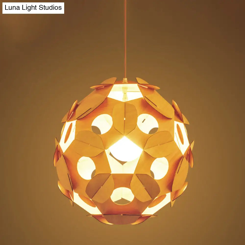 Modern Beige Restaurant Ceiling Lamp With Wooden Ball Shade - Hanging Light Fixture