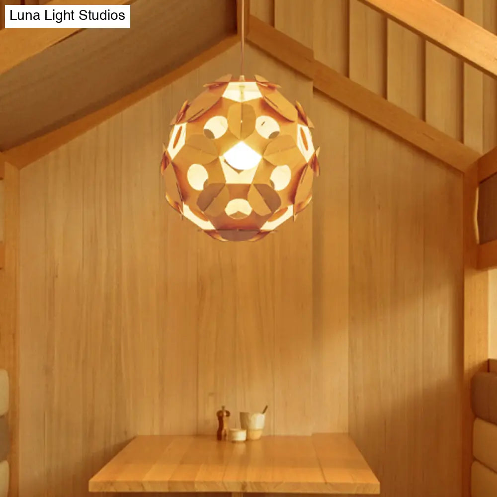 Modern Beige Restaurant Ceiling Lamp With Wooden Ball Shade - Hanging Light Fixture