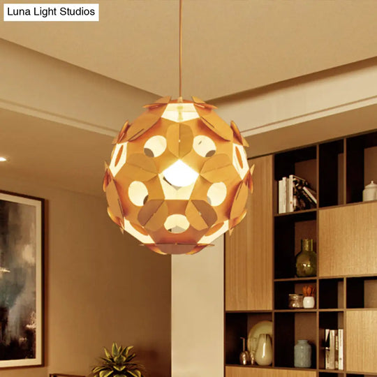 Modern Beige Restaurant Ceiling Lamp With Wooden Ball Shade - Hanging Light Fixture