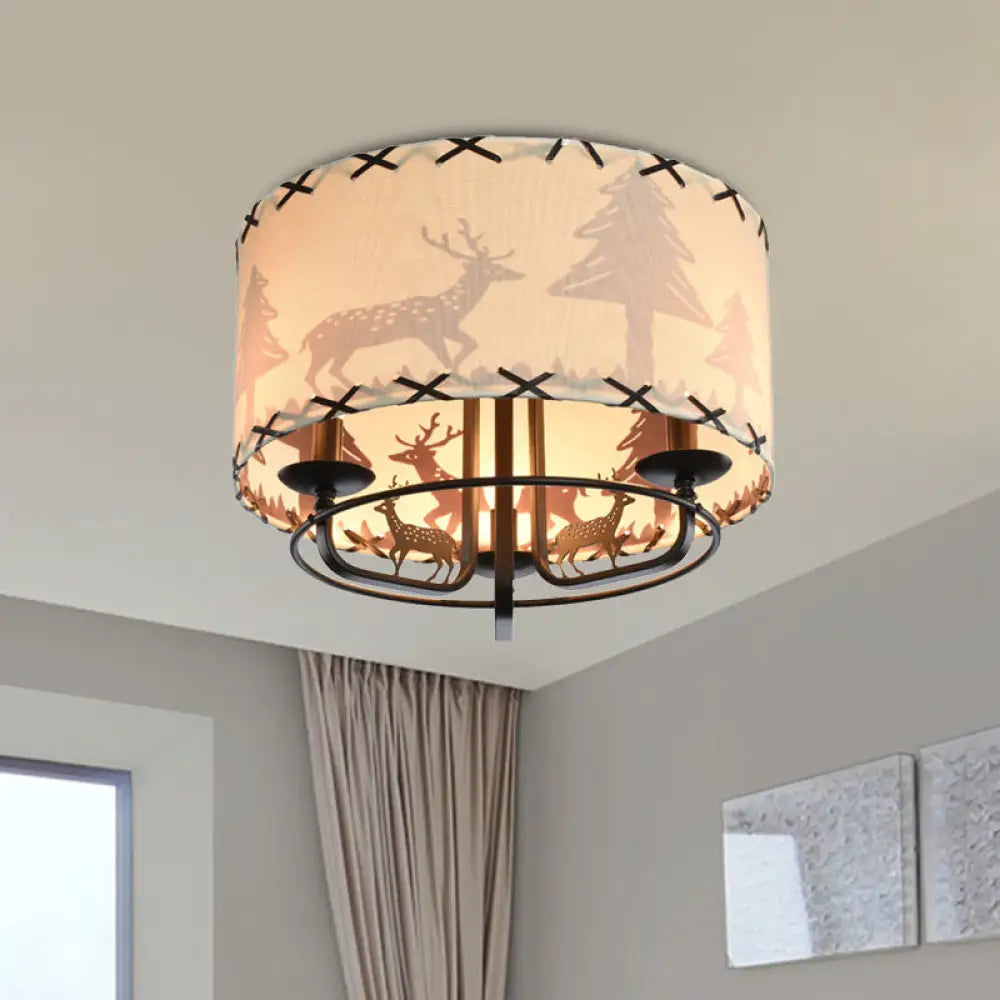 Modern Beige Semi Flush Ceiling Lamp With Drum Fabric Shade - 3-Bulb Kids Room Fixture