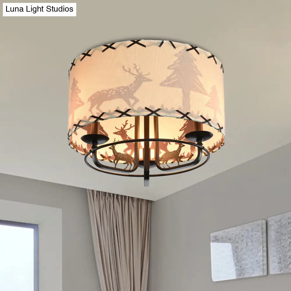 Modern Beige Semi Flush Ceiling Lamp With Drum Fabric Shade - 3-Bulb Kids Room Fixture