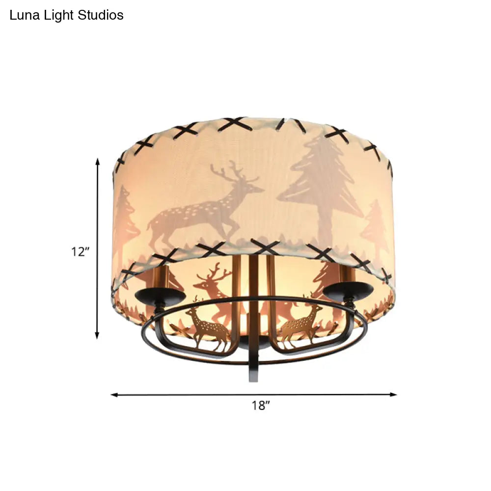 Modern Beige Semi Flush Ceiling Lamp With Drum Fabric Shade - 3-Bulb Kids Room Fixture