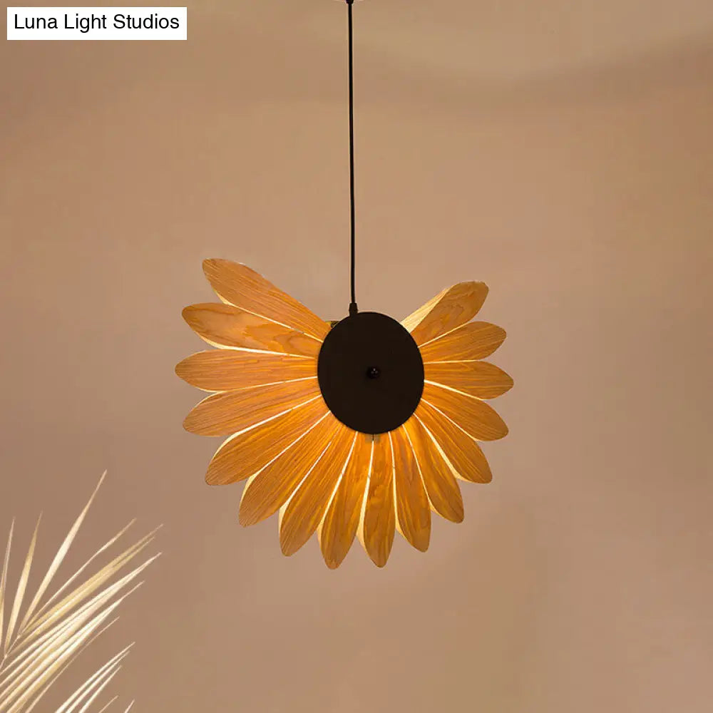 Modern Beige Sunflower Pendant Light: 1-Bulb Wood Fixture For Restaurants