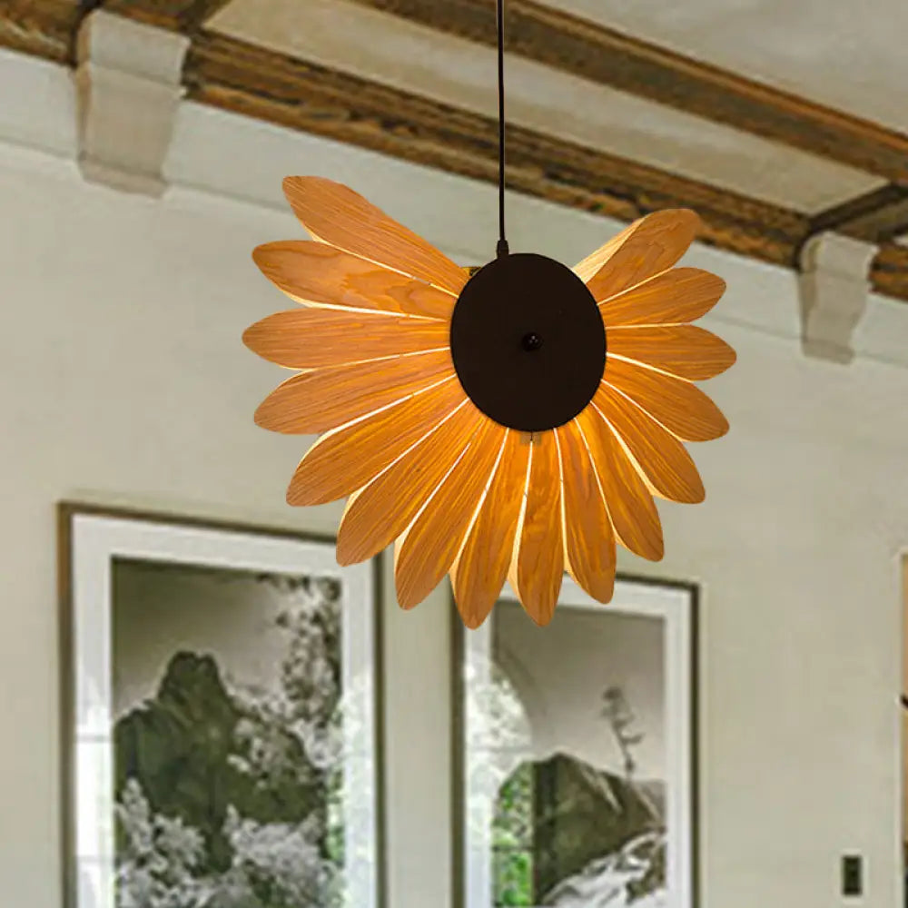 Modern Beige Sunflower Pendant Light Fixture With 1 Bulb - Perfect For Restaurants Wood