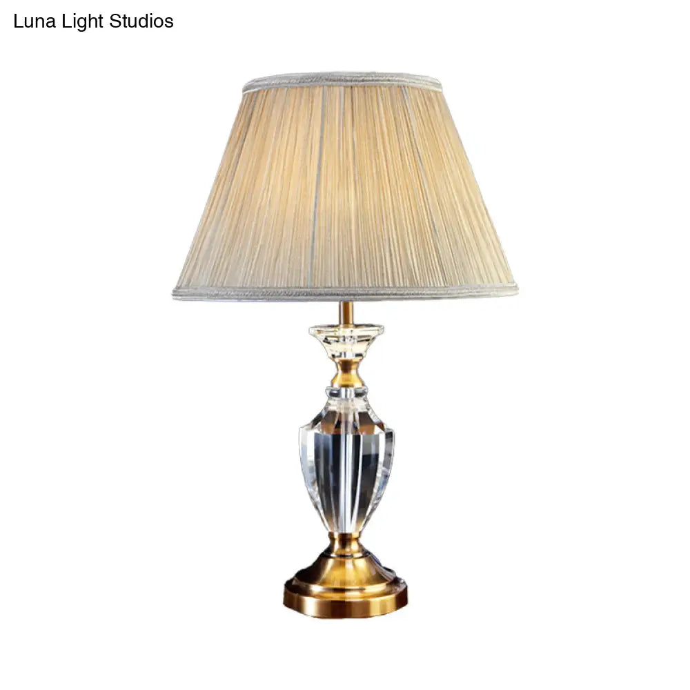 Modern Beige Urn Desk Lamp With Beveled Crystal Table Light And Fabric Shade