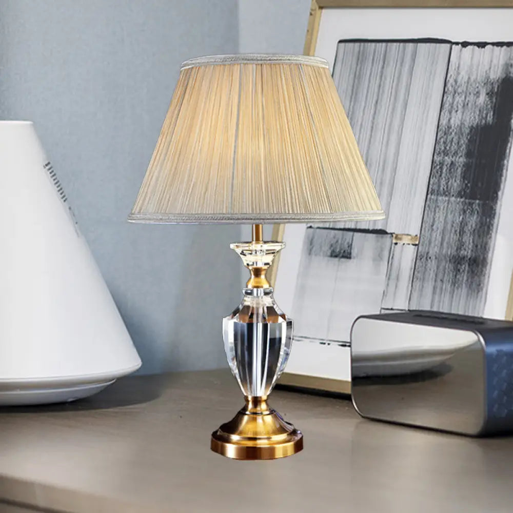 Modern Beige Urn Desk Lamp With Beveled Crystal Table Light And Fabric Shade