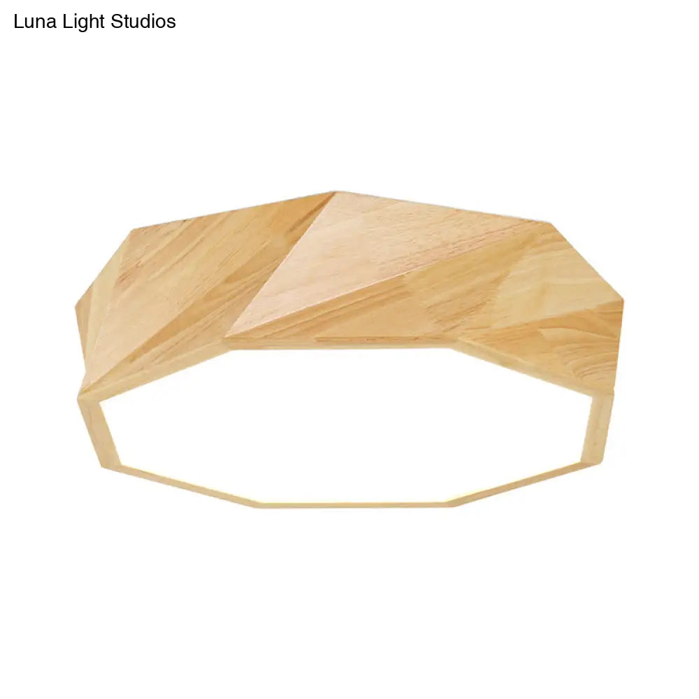 Modern Beige Wood Led Ceiling Light With Acrylic Diffuser - Geometric Flush Mount Fixture