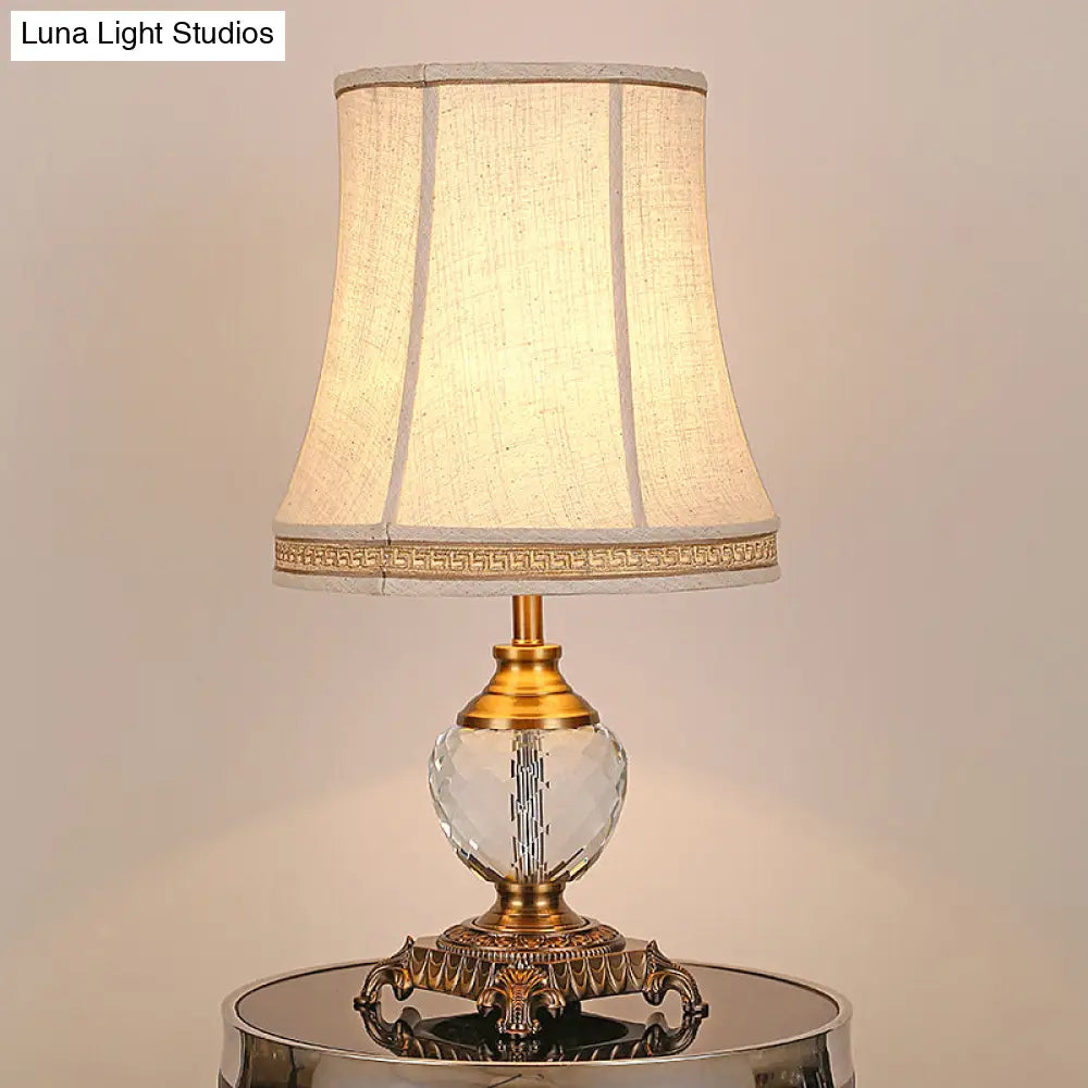 Modern Bell Fabric Table Lamp With Carved Bronze Metallic Base - Beige